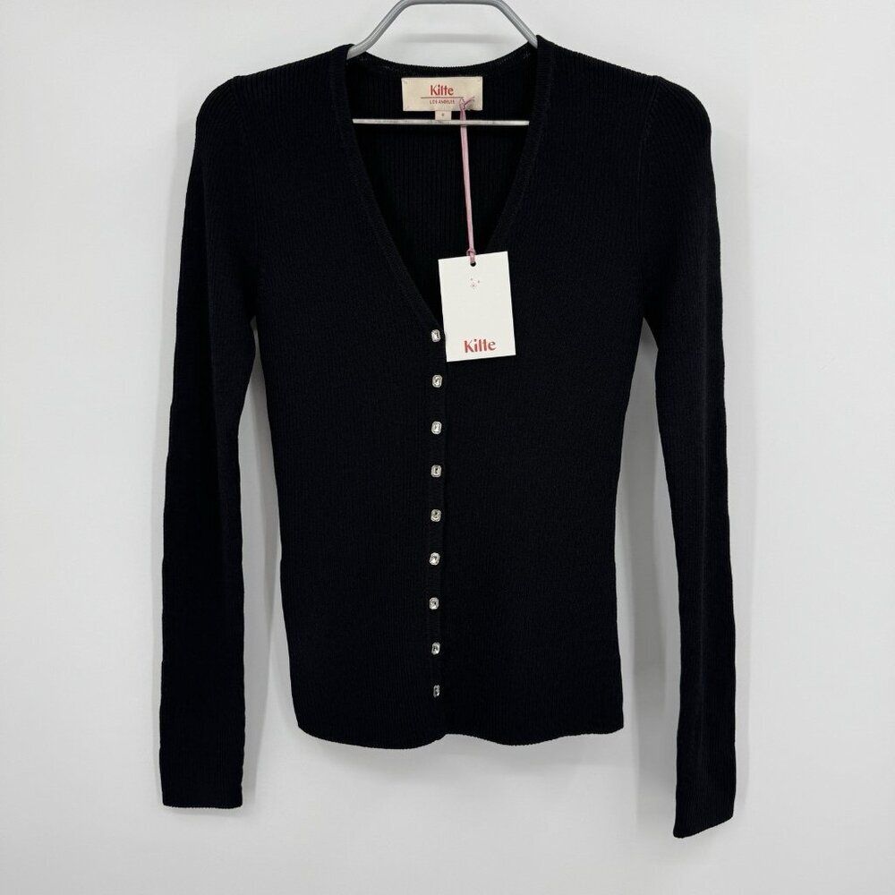 Kilte Collection The Katherine Rib Knit Cardigan size 0 XS Black Rayon